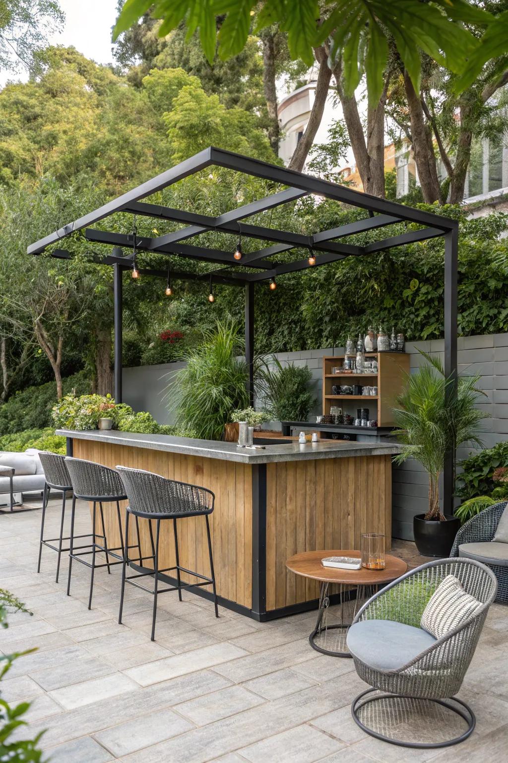 A contemporary outdoor bar made with metal and wood for an industrial edge.