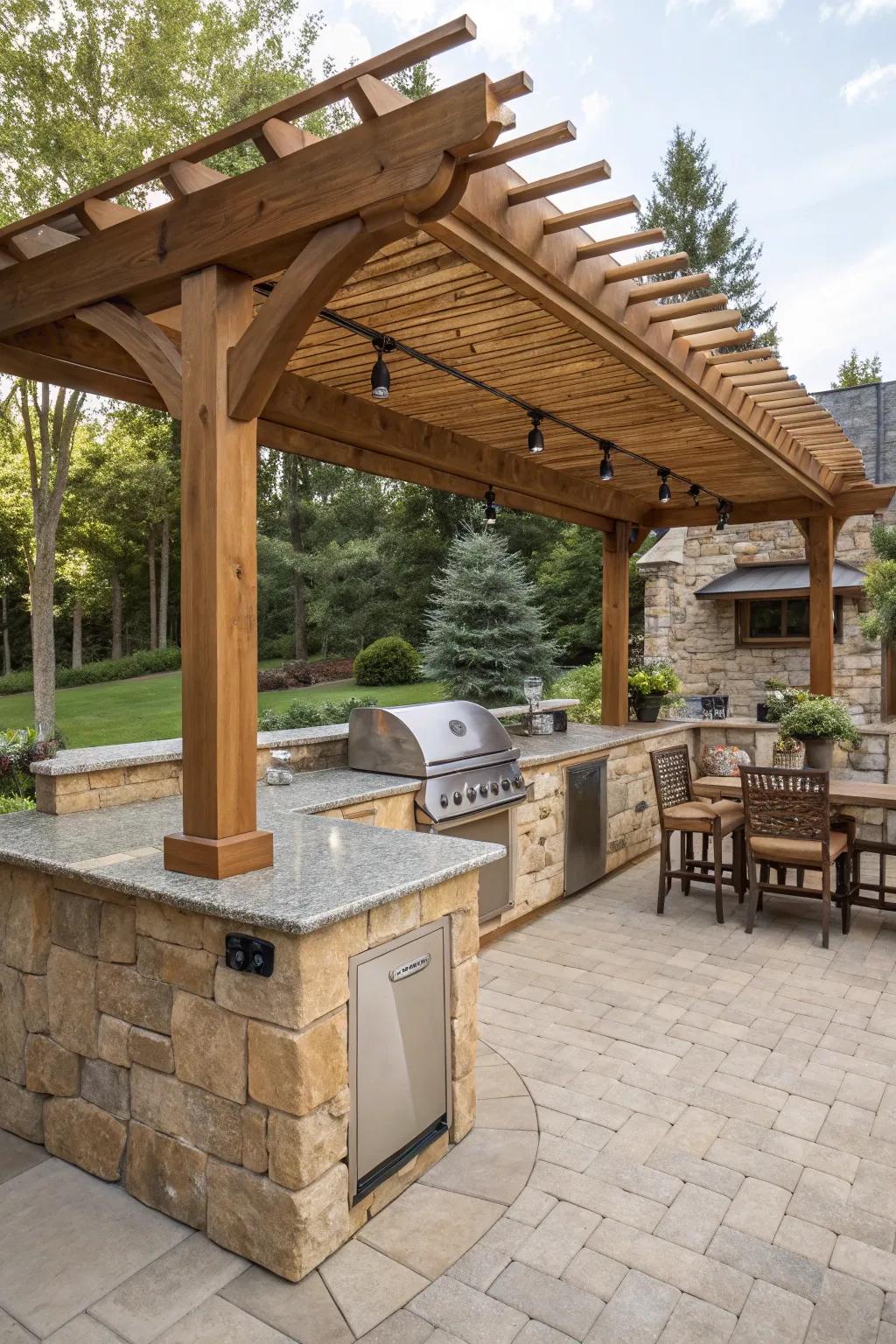 Classic wooden pergola enhancing a stone-countertop outdoor cooking area.