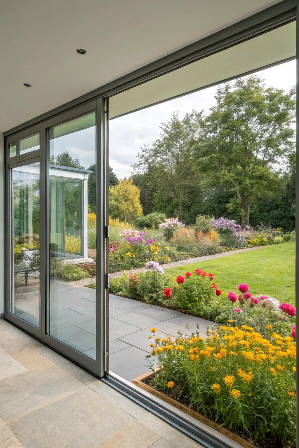 Glass walls from floor to ceiling provide a panoramic garden view.