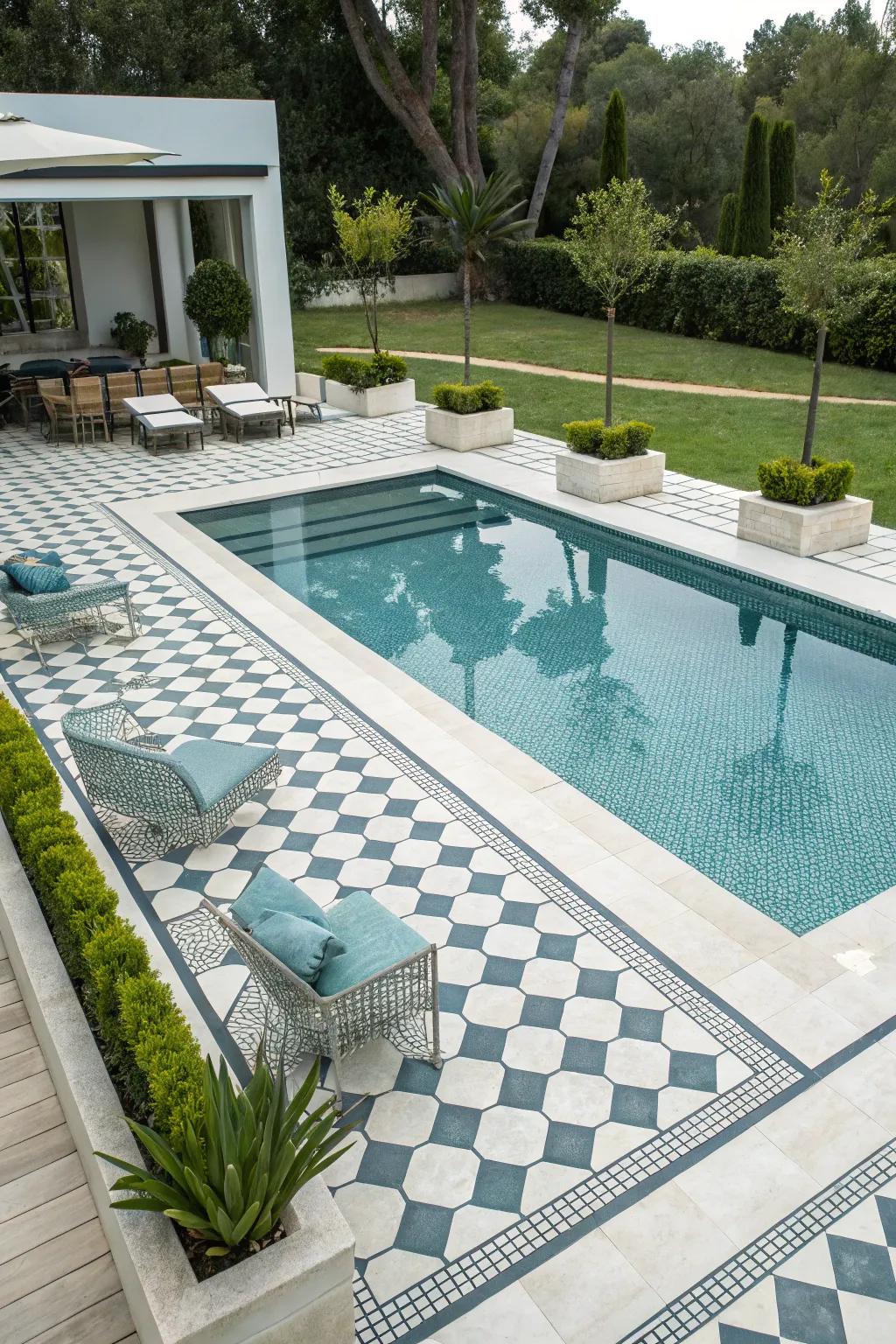 Geometric tiles provide a sleek, modern element to any pool design.