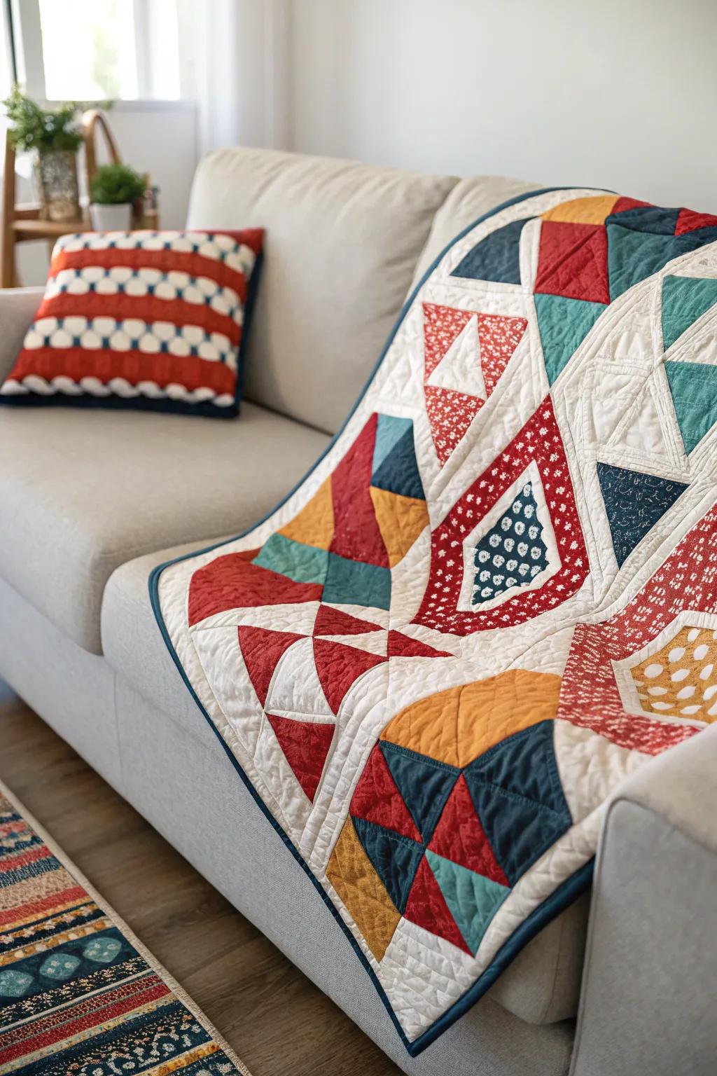 Geometric quilts contribute a dynamic and elegant element to contemporary living areas.