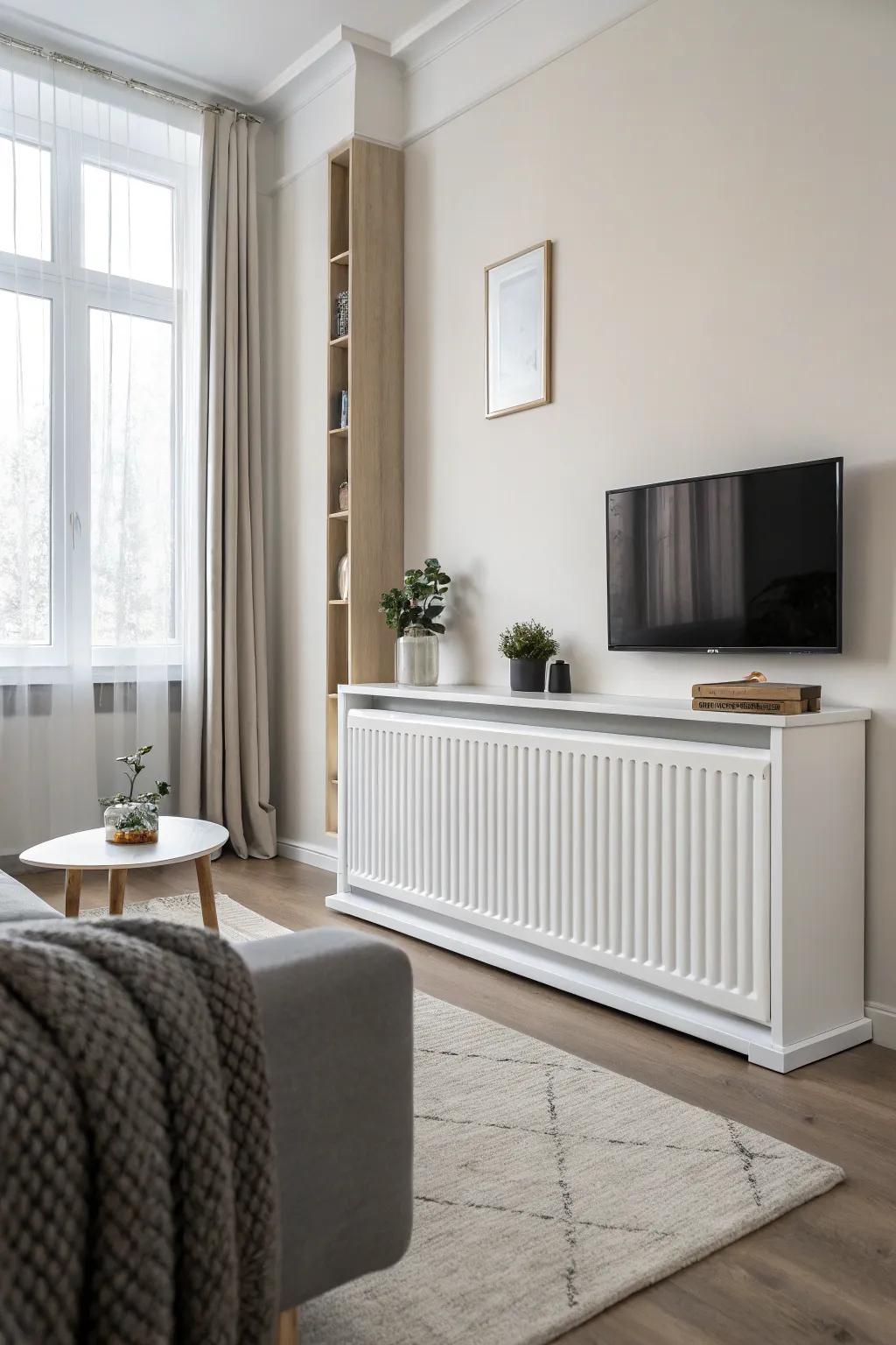 A minimalist living space that shows a streamlined radiator shield.