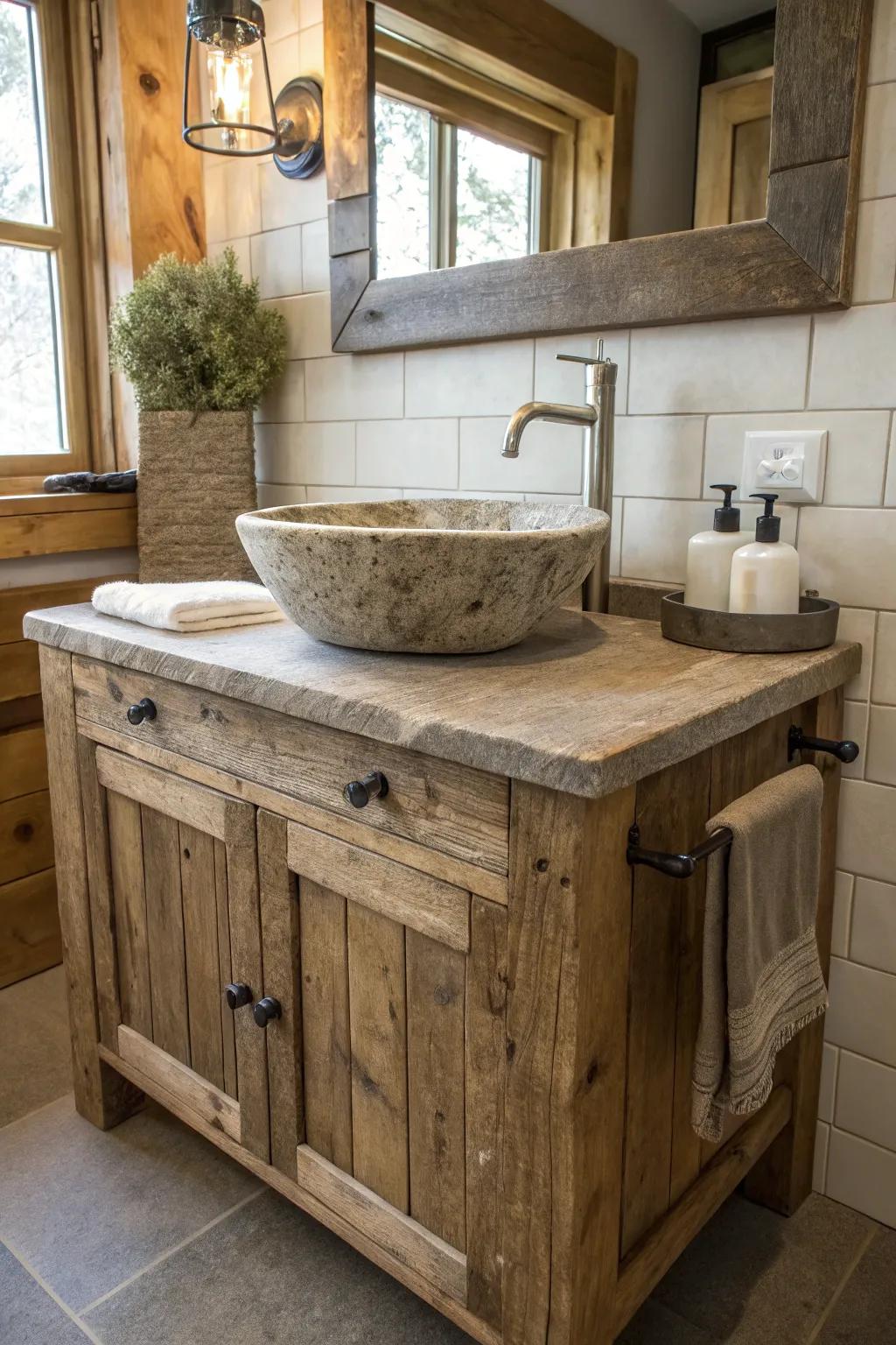 A repurposed lumber stand, enhanced with modern pieces to encapsulate a balanced rustic appeal.