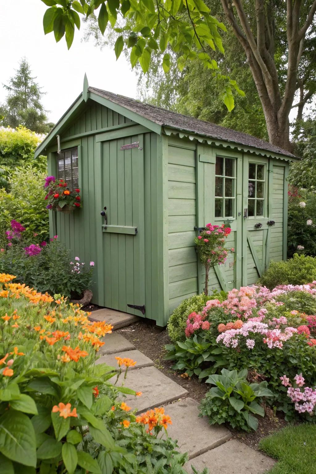 A sage green shed harmoniously integrated within a lively garden setting.
