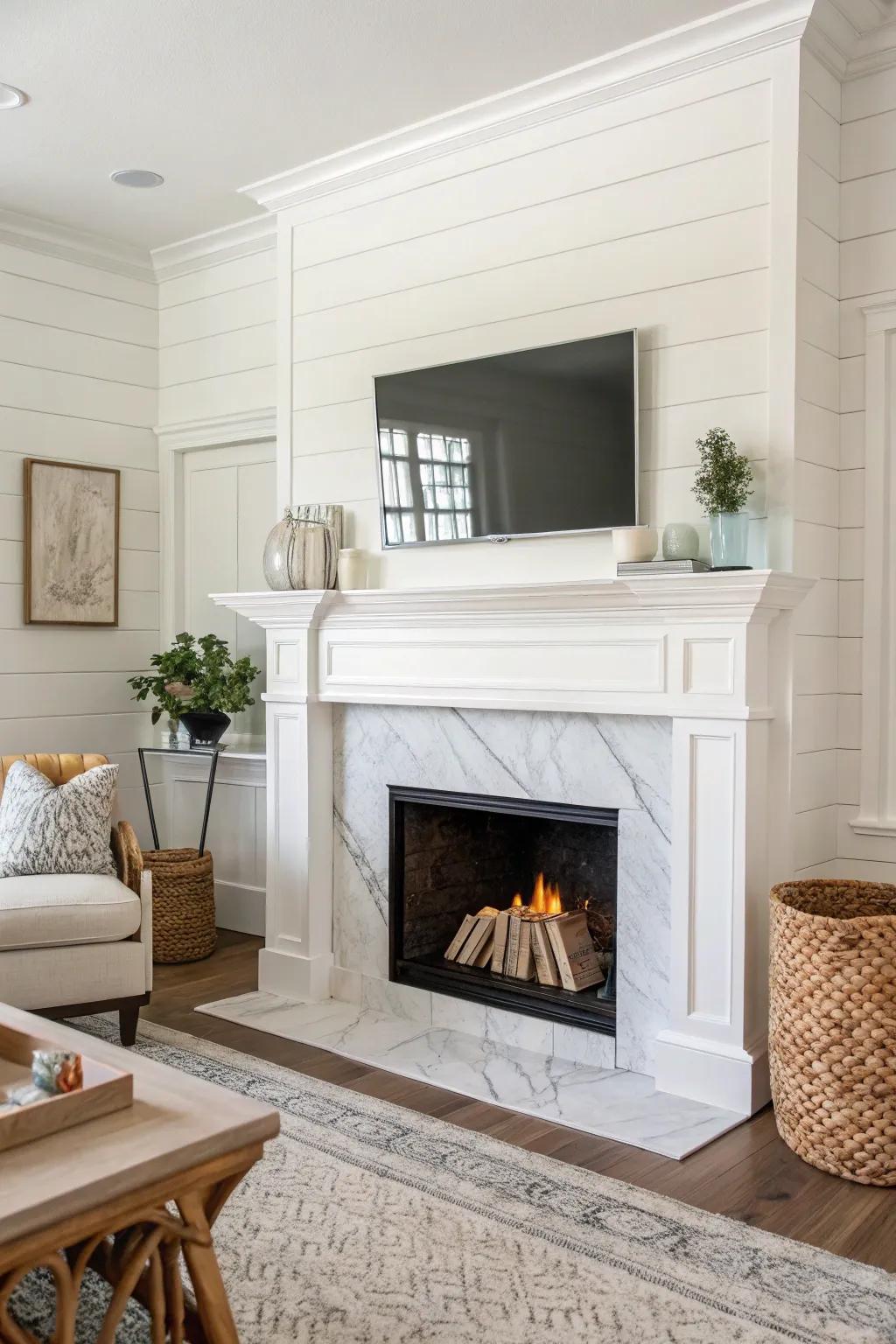 A timeless white shiplap fireplace with white marble surround and minimalist design.