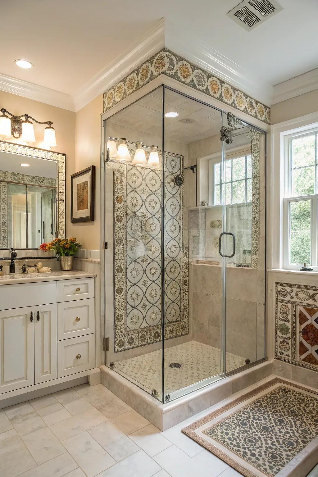 A glass-surrounded shower showcases detailed tile work and plentiful natural illumination.