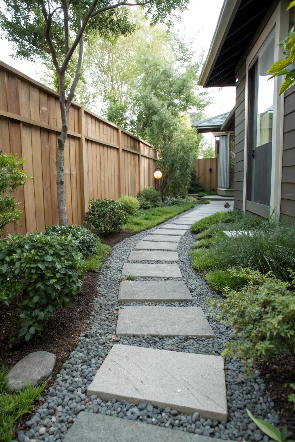 An elegant stone slab walkway brings sophistication to your side yard.
