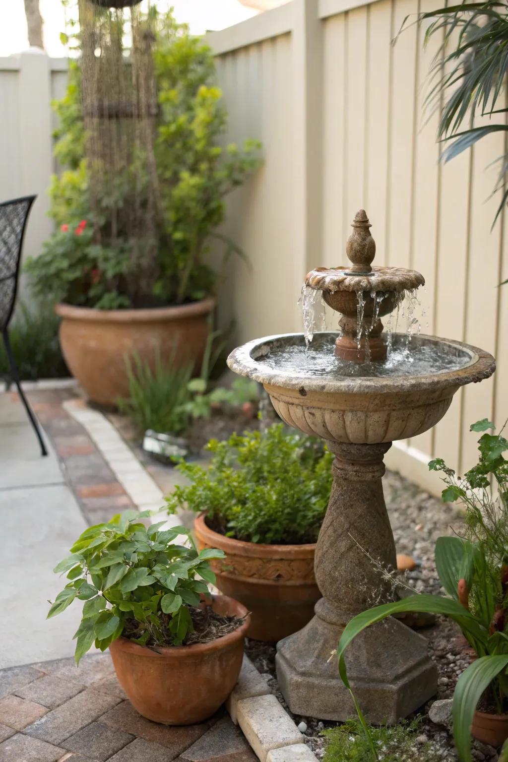 A peaceful Zen corner showcasing a gentle water fountain surrounded by vibrant greenery.