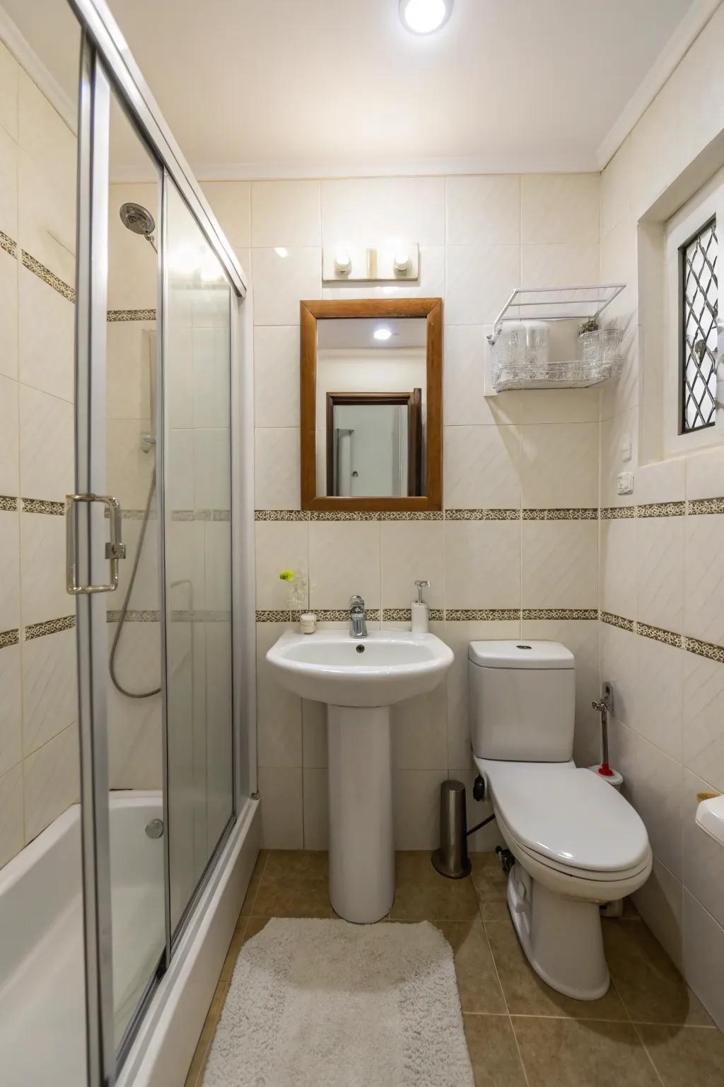 A minimalist small bathroom design featuring crisp, uncluttered lines.