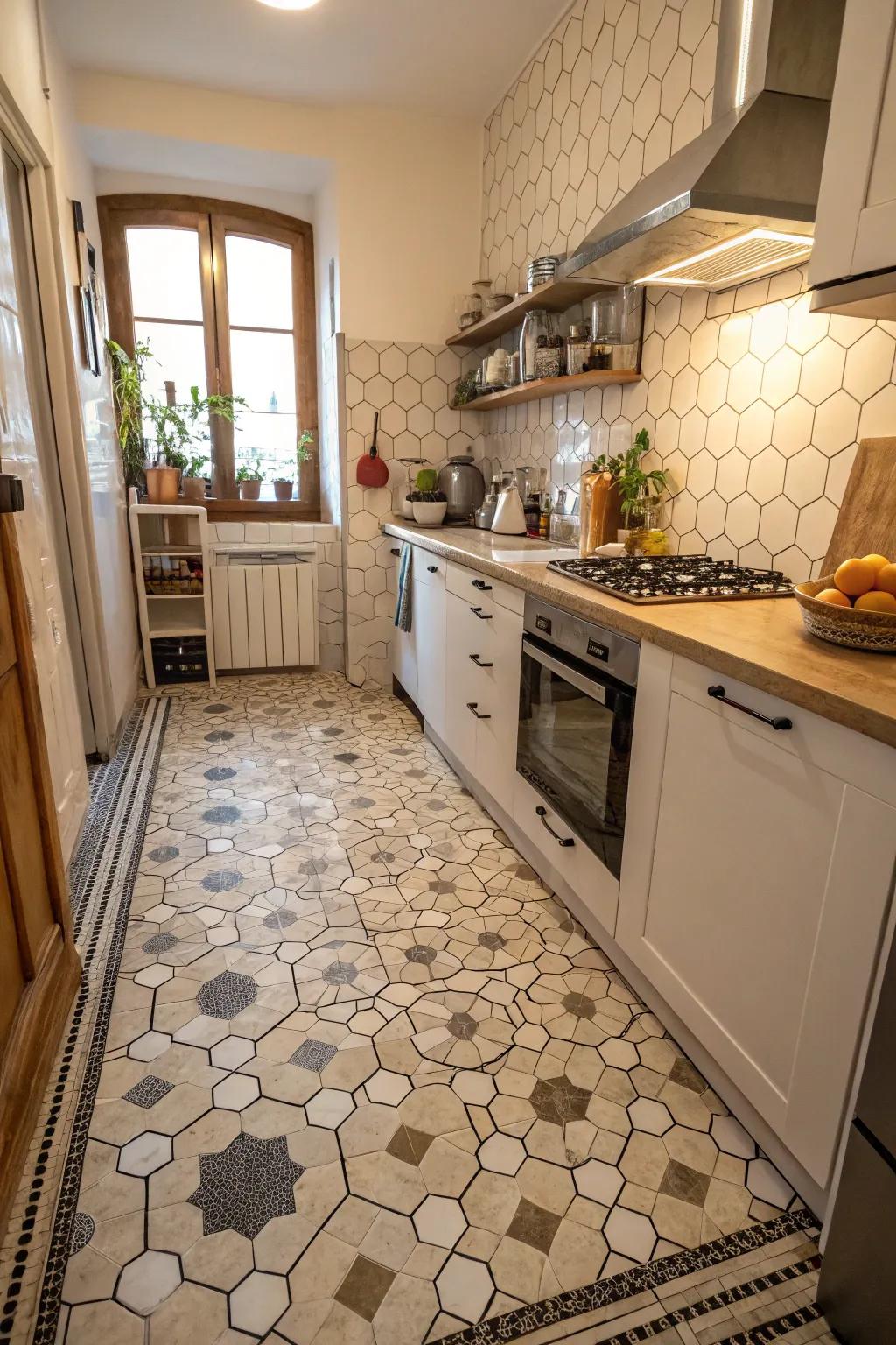 Small kitchen featuring hexagon patterned floor tiles