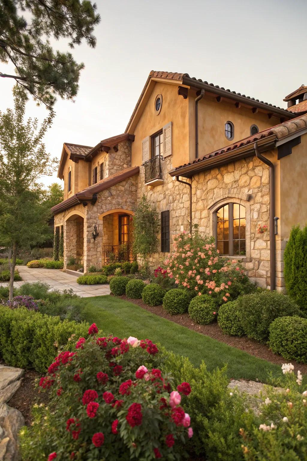 Stucco residence showcasing golden beige and rock features.