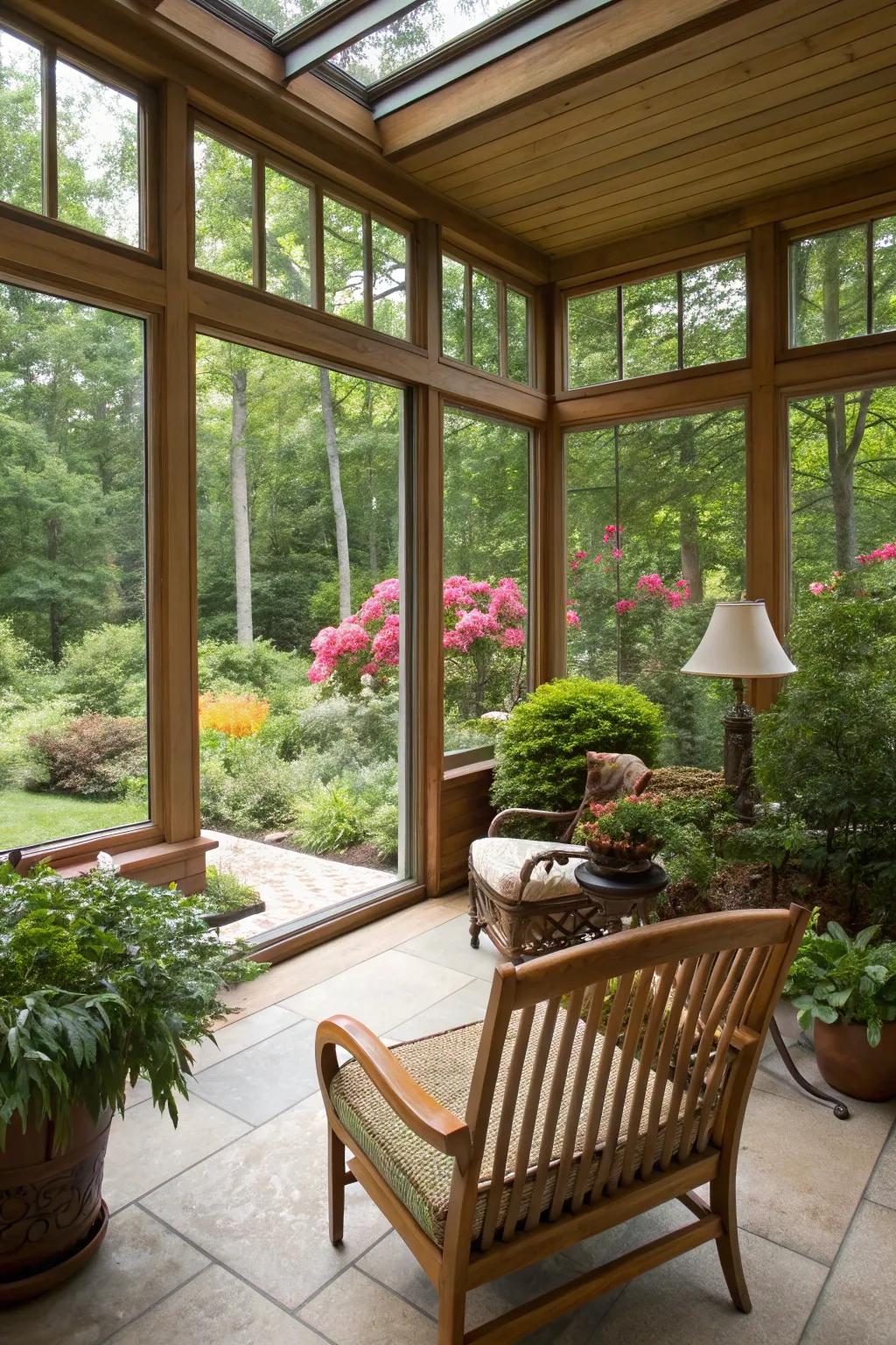 Large panes in a sunroom flawlessly connect indoor and outdoor spaces.