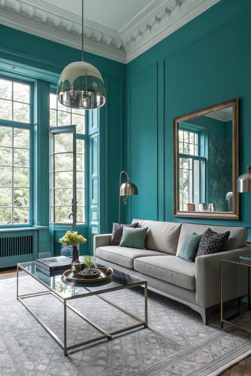 Bold teal walls create a dramatic ambiance in this modern family room.