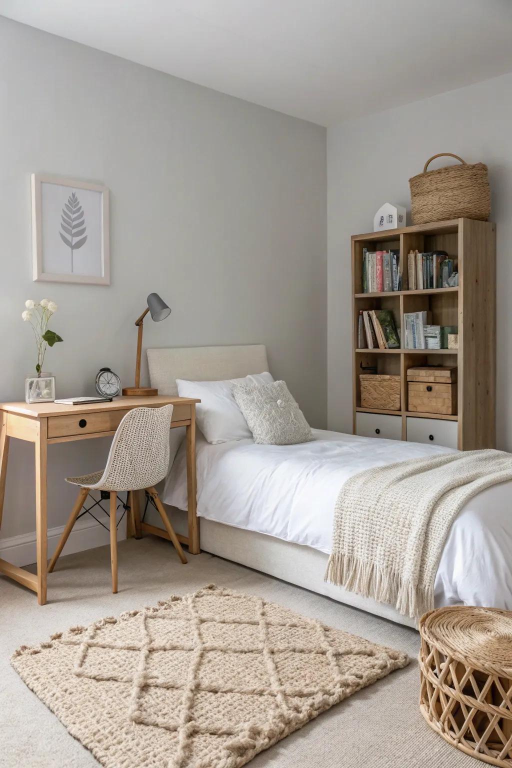 A pared-down bedroom design with tactile elements for depth.
