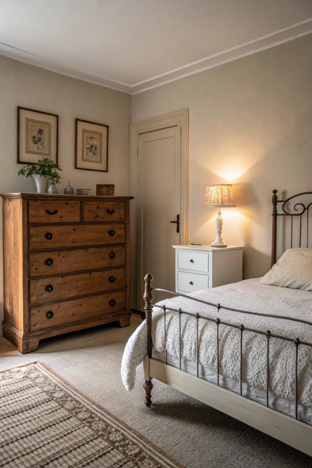 A vintage dresser adds character, while a minimalist bed frame keeps the room contemporary.