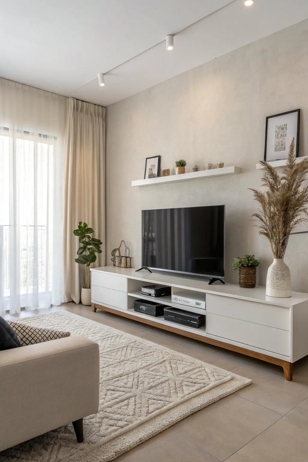Minimalist TV stand creating a serene atmosphere.