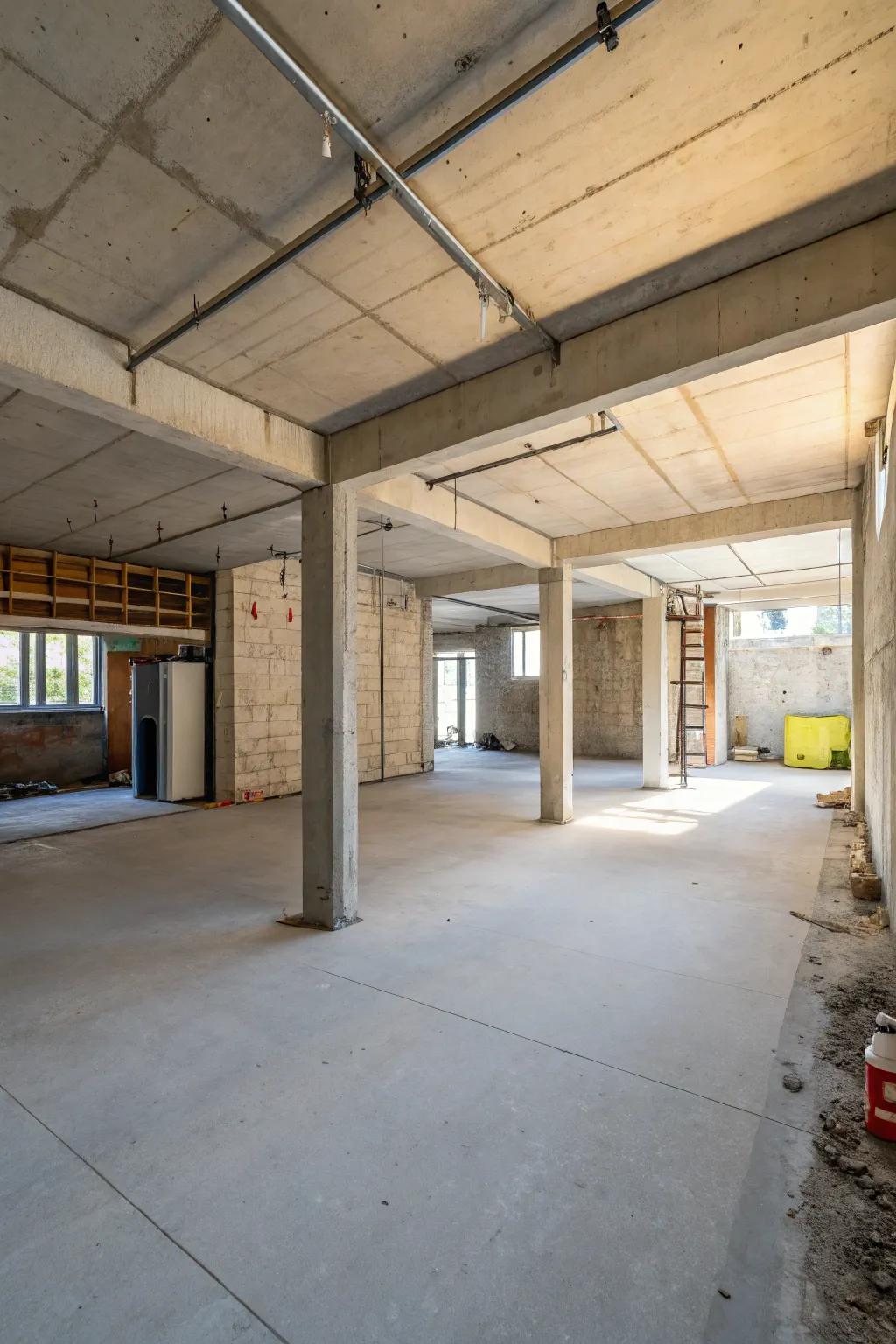 An open layout transforms an unfinished basement into a versatile, modern space.
