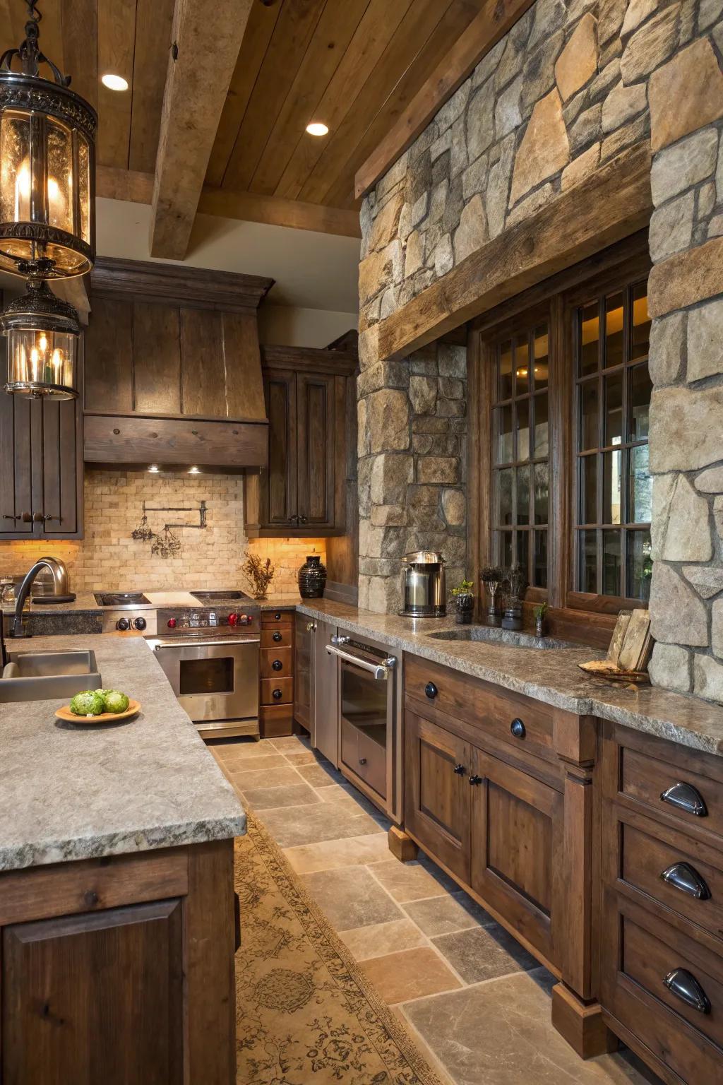 A mix of materials creates a rich and inviting kitchen atmosphere.
