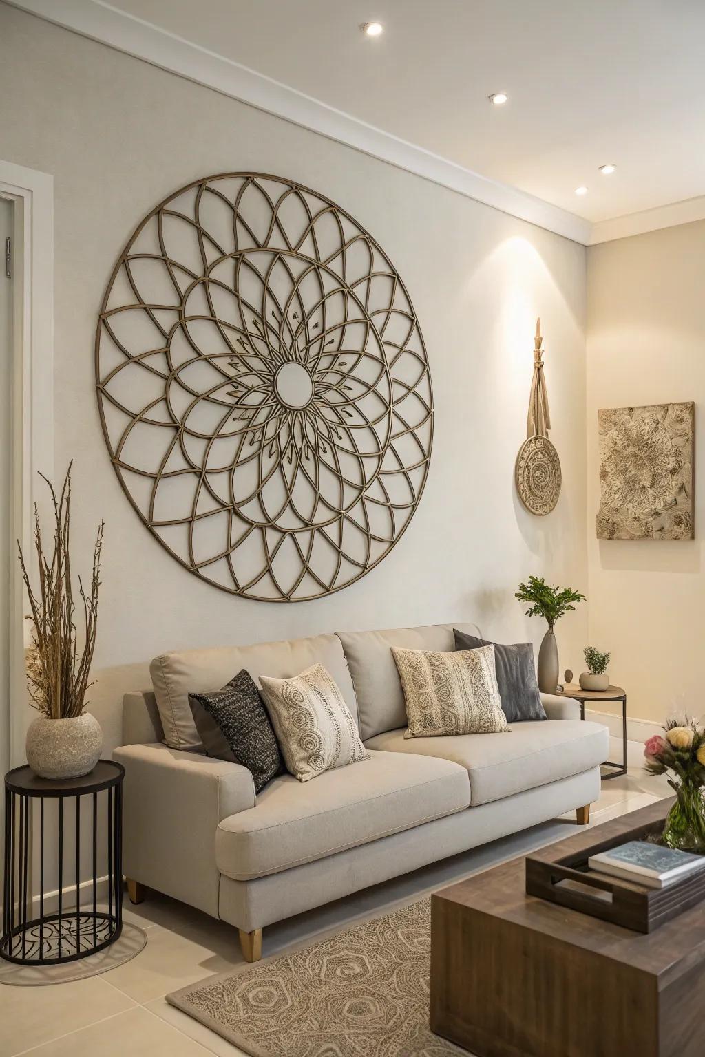 3D metal wall art adding depth to a minimalist living room.