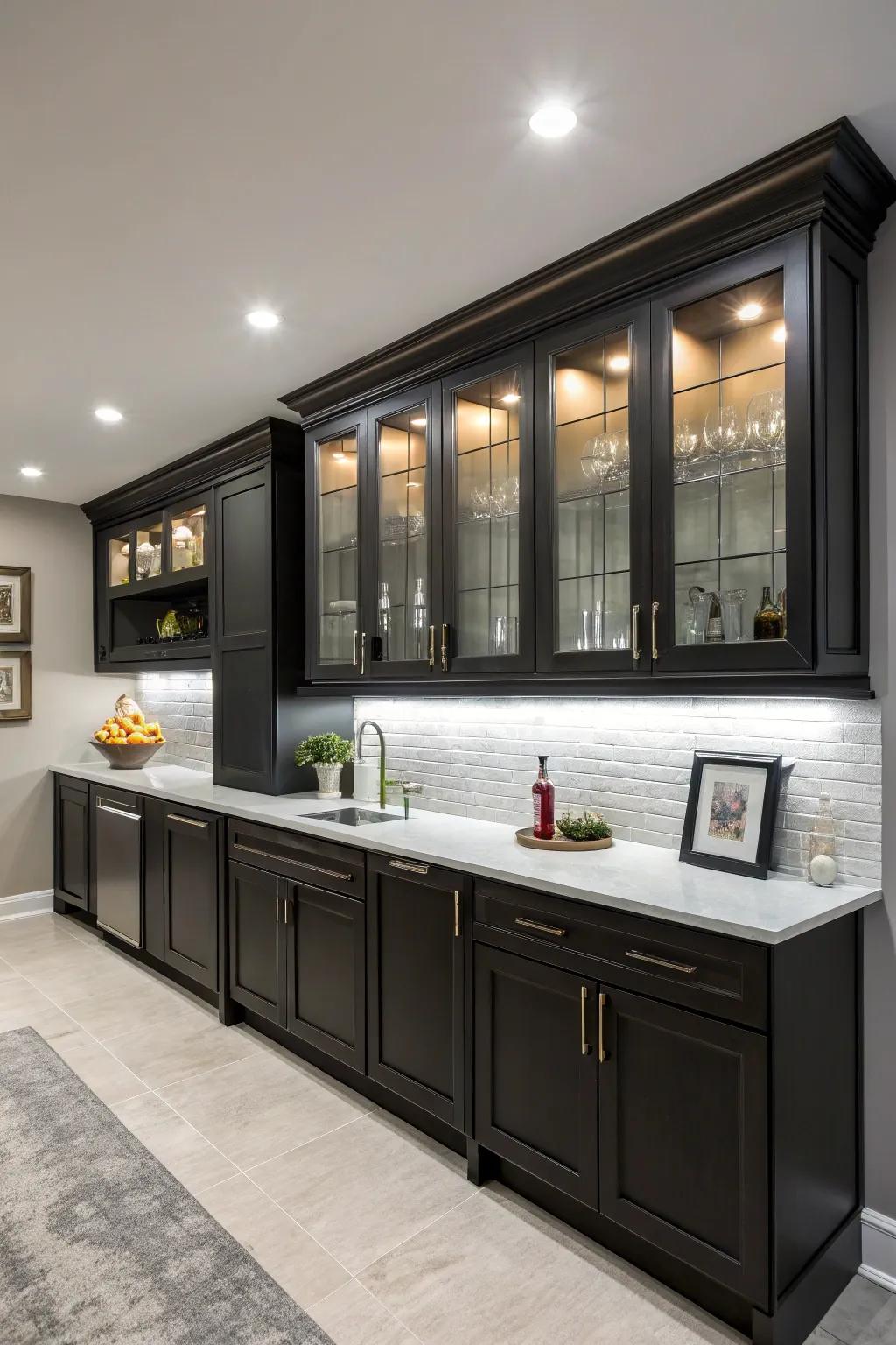 Dark cabinetry infuses elegance into a modern wet bar ambiance.