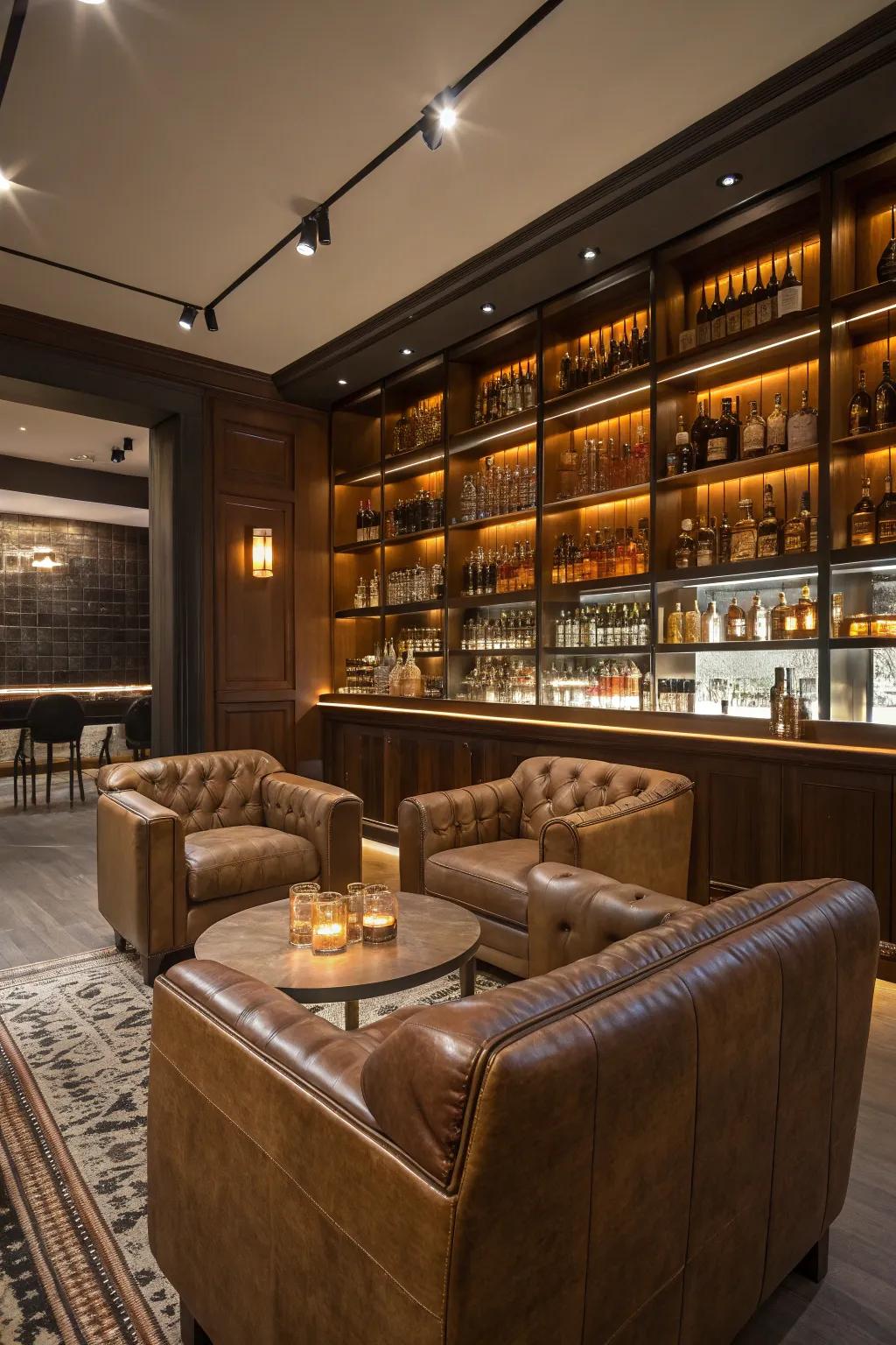 Sumptuous leather seating establishes a relaxing atmosphere in your whiskey lounge.