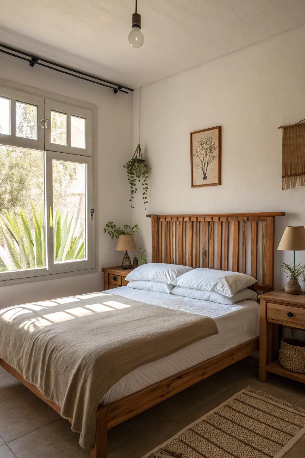 Craft a comforting retreat with a wood slat headboard, exuding warmth and sophistication.