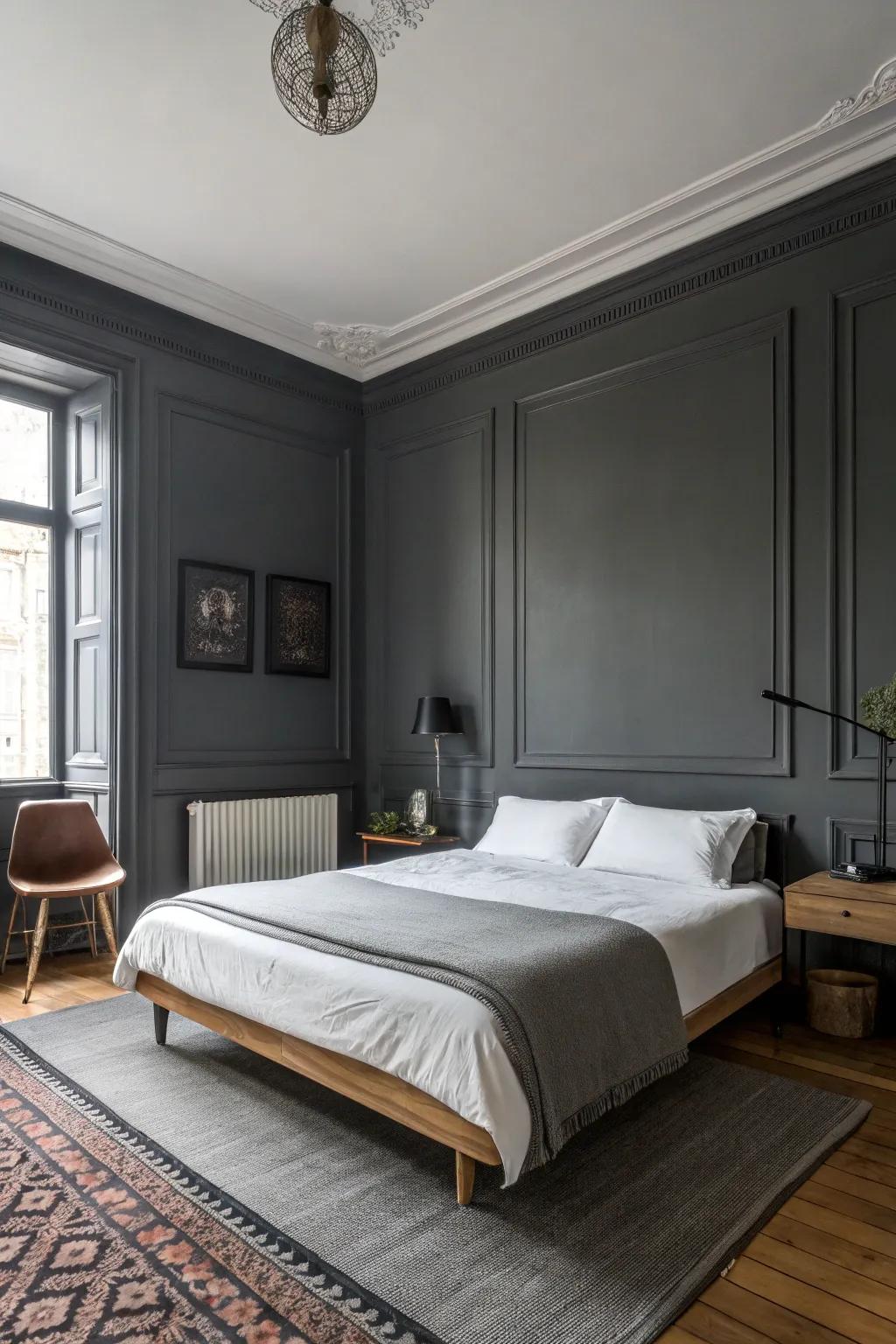 A bedroom showcasing walls painted in slate with decor kept to a minimum.