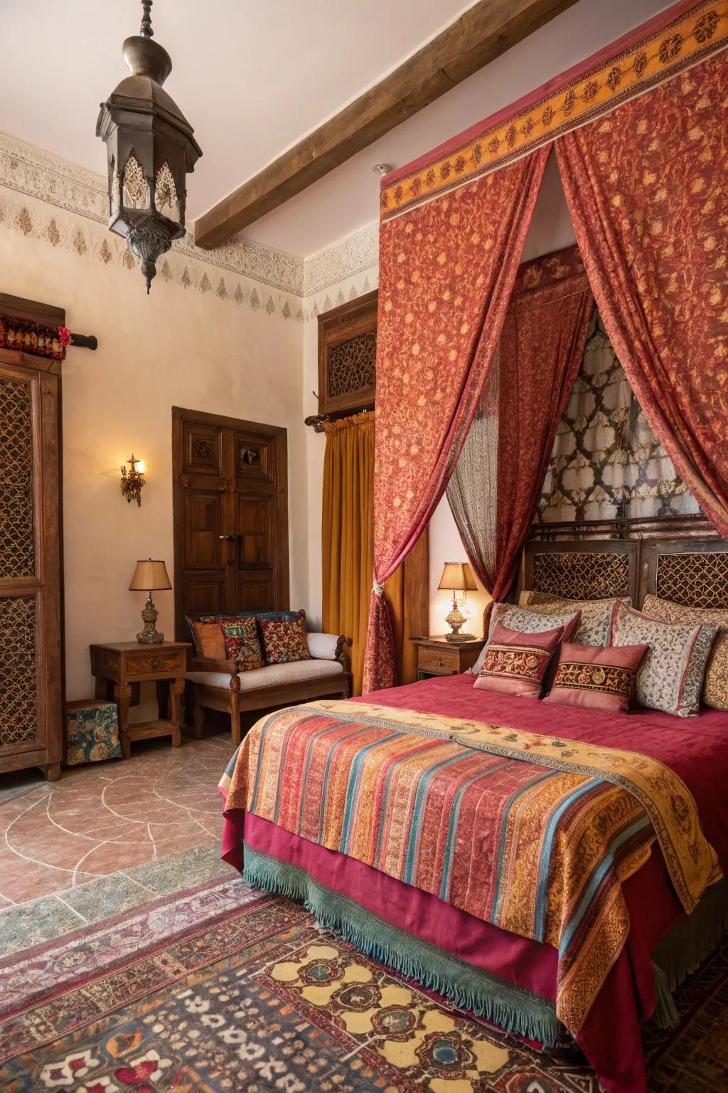 Layered fabrics enrich a Moroccan bedroom with warmth and dimension.
