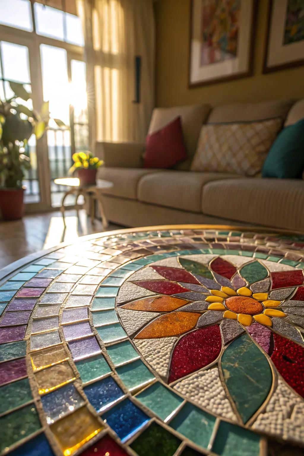 Brilliant colored glass shards inject vibrant tones and reflections, enlivening any space.