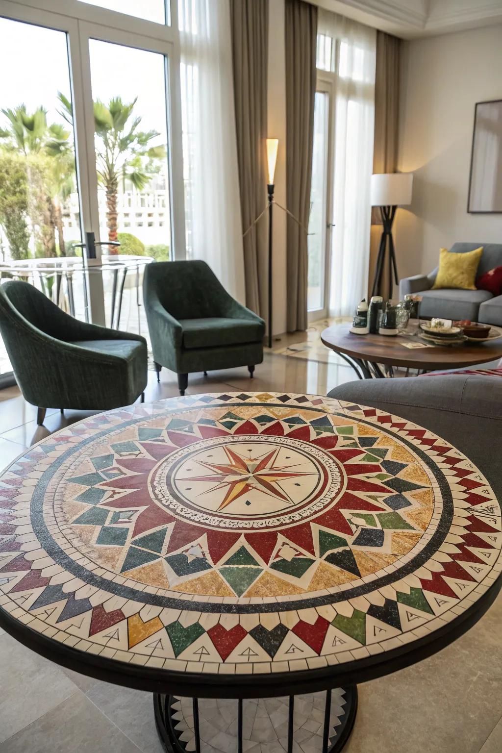 A circular mosaic table showcasing striking geometric designs introduces contemporary elegance to any setting.