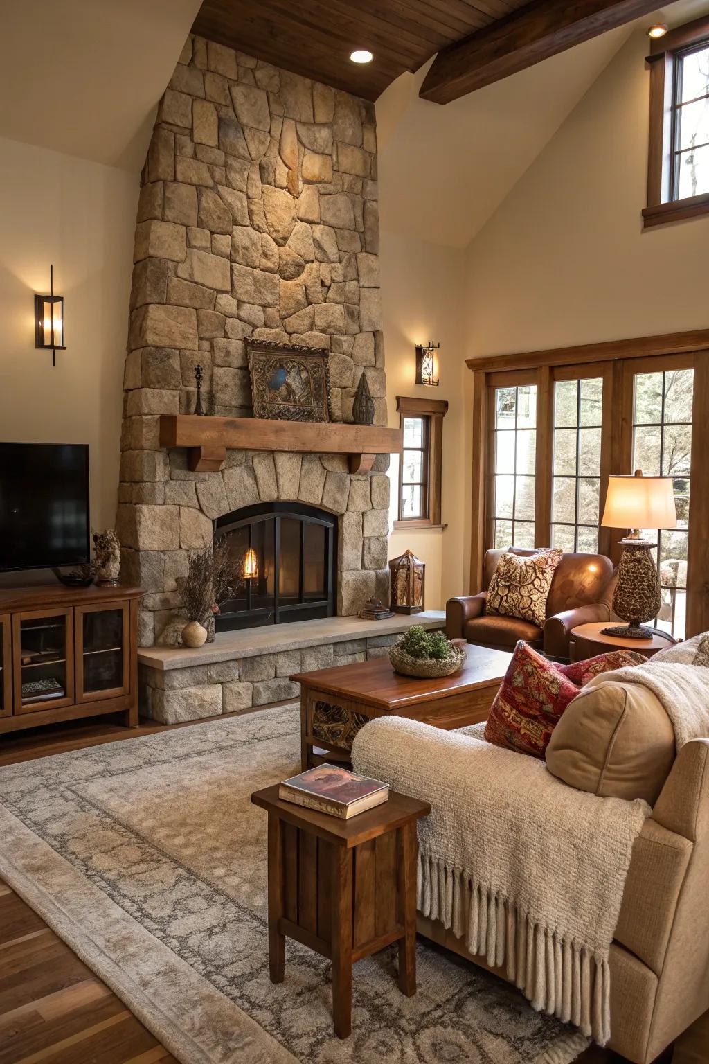 An appealing living area focused on a grand stone hearth.