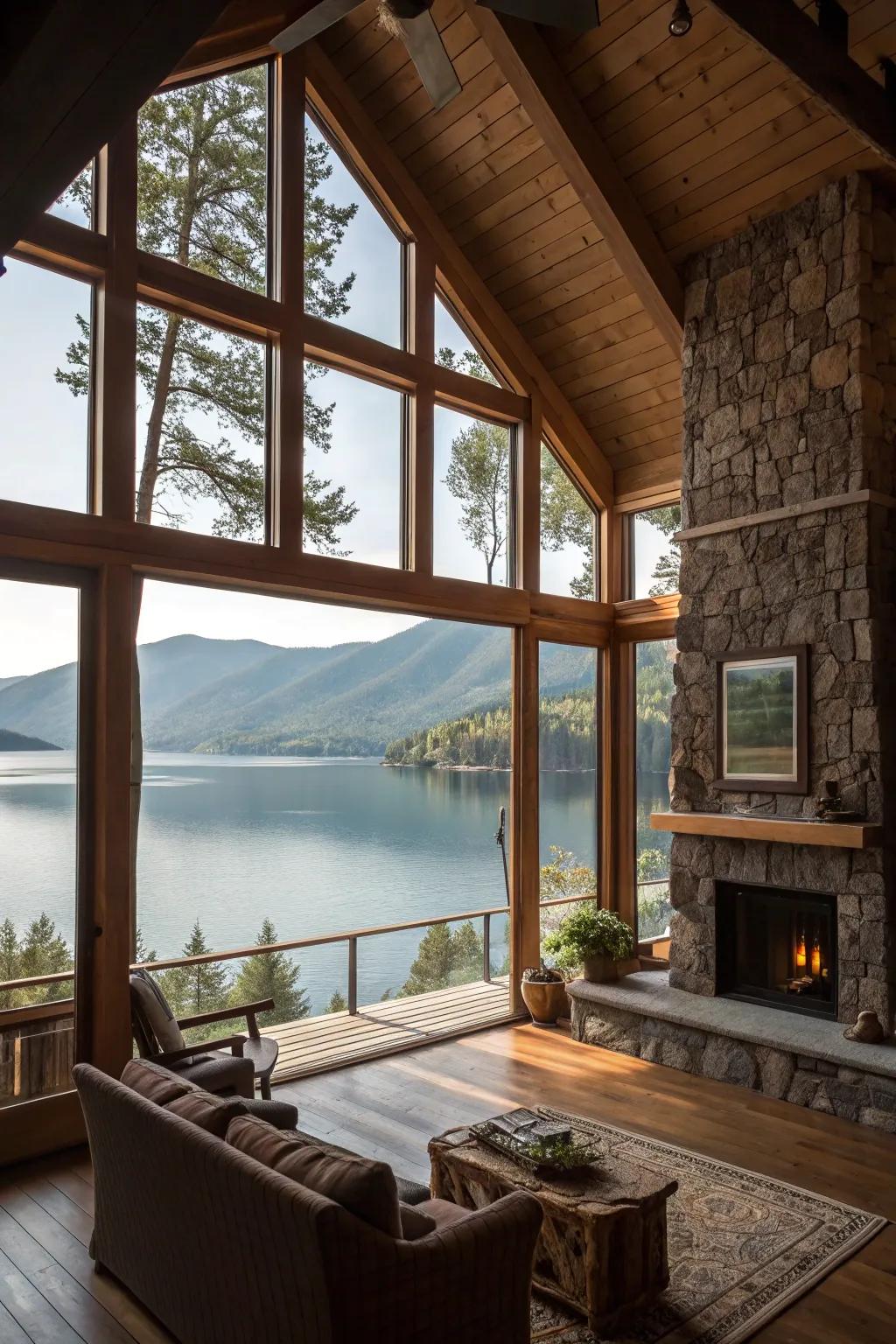 Vast windows dissolve the boundary between indoors and lake.
