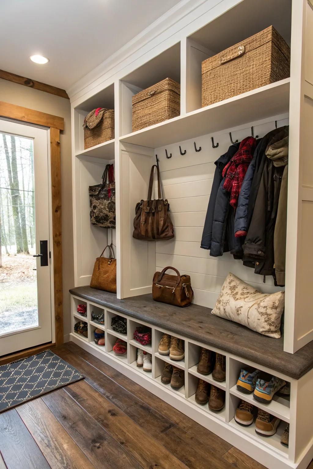 A mudroom bench featuring organized niches for shoes and bags.