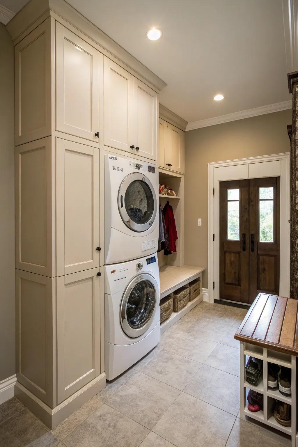Vertical appliance arrangement allows for more storage options in a compact mudroom.