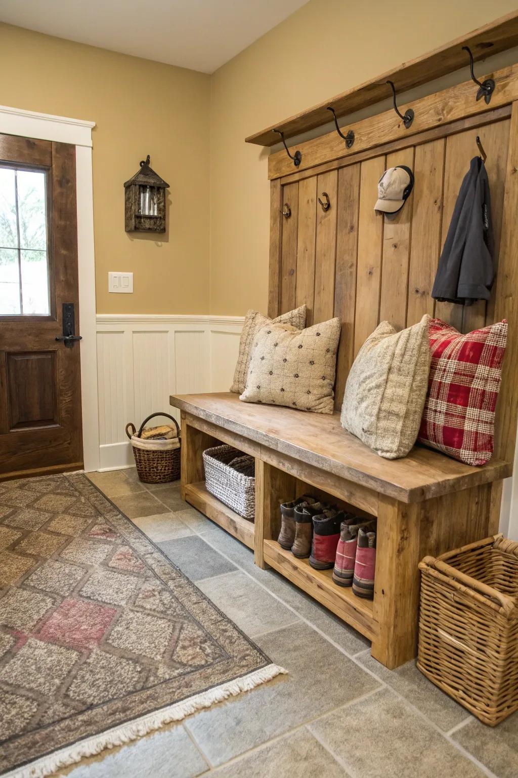 A welcoming mudroom with a reclaimed wood bench and soft cushions for comfortable sitting.