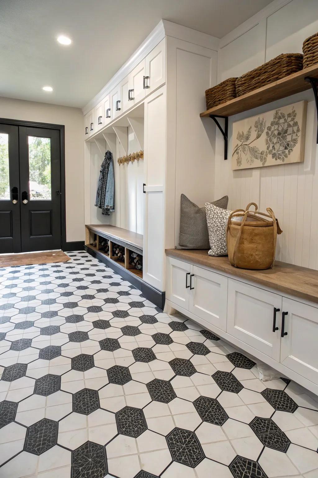 Make a statement with bold hexagon tiles in your mudroom.