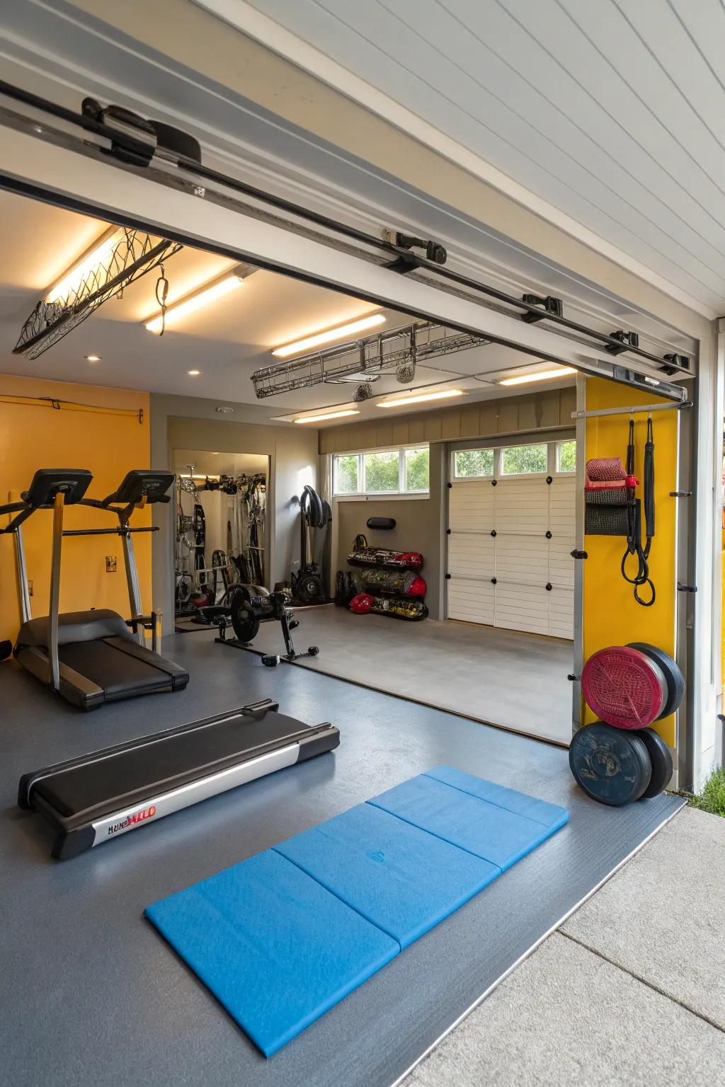 A garage transformed into a personal gym with various workout equipment.