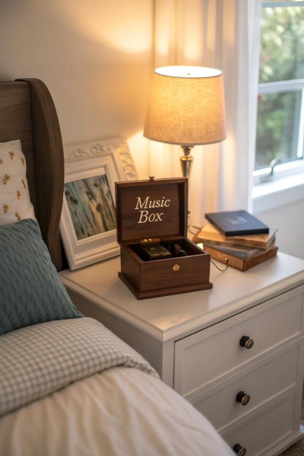 A personalized music box adds a personal touch to any bedroom decor.