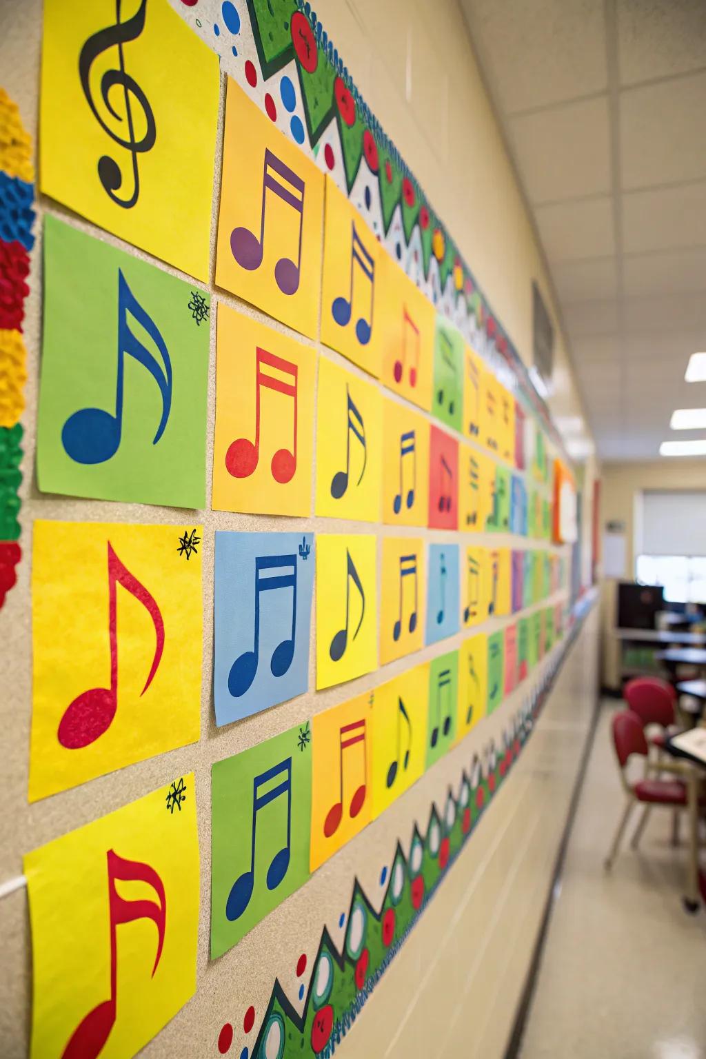 An inspiring display of colorful musical notes on a bulletin board.