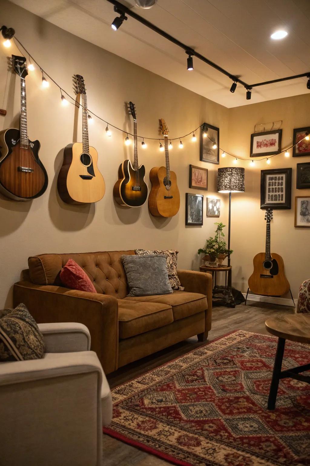 Guitars turned into artistic displays to inspire music creation.