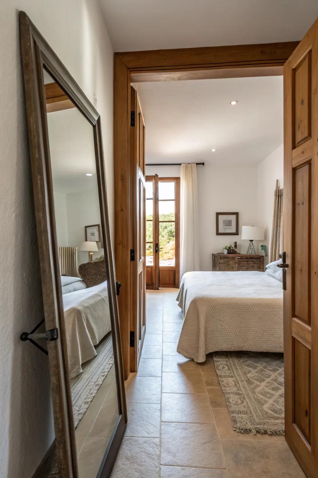 A large mirror cleverly placed to enhance the light and space in a narrow bedroom.
