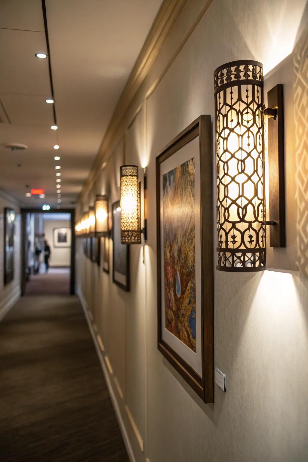 Wall sconces add both style and functionality to narrow hallways.