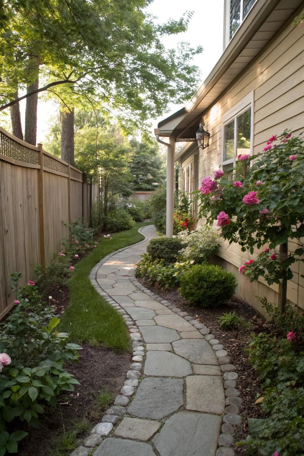 A curved pathway adds elegance and visual interest to a narrow side yard.