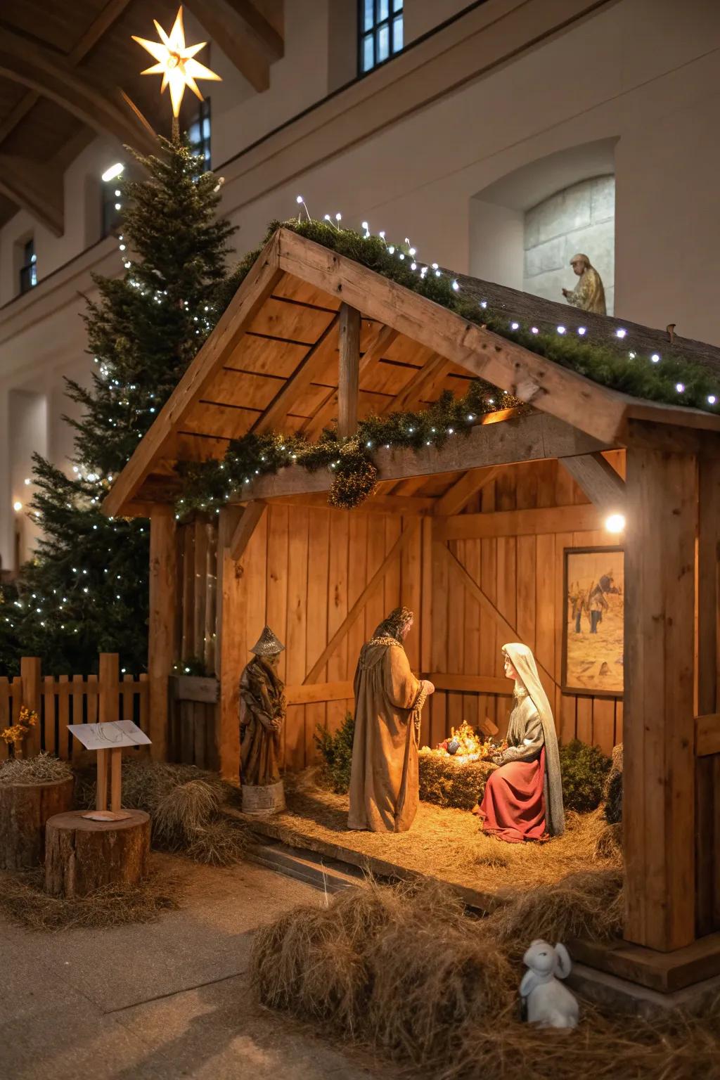 A rustic timber shelter imparts a classic allure to the nativity depiction.