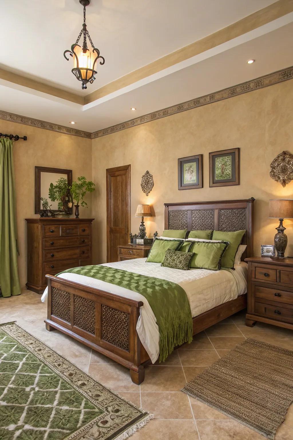 A bedroom painted in earthy tones creates a serene atmosphere.