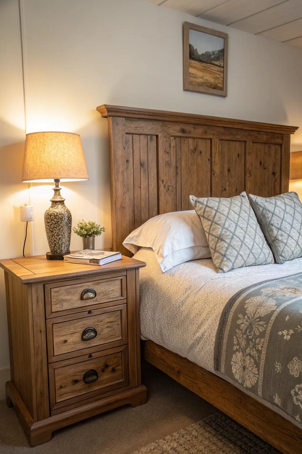 The incorporation of rustic wood aspects brings a cozy allure to any resting space.