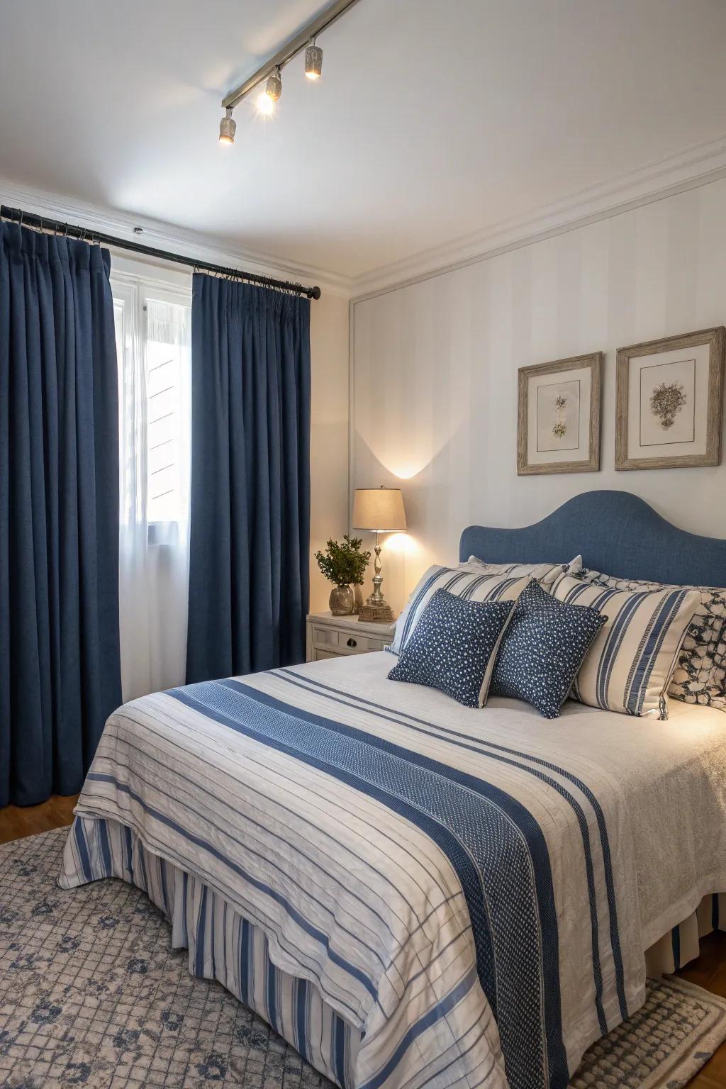 A classic blue and white nautical color palette for a soothing bedroom.