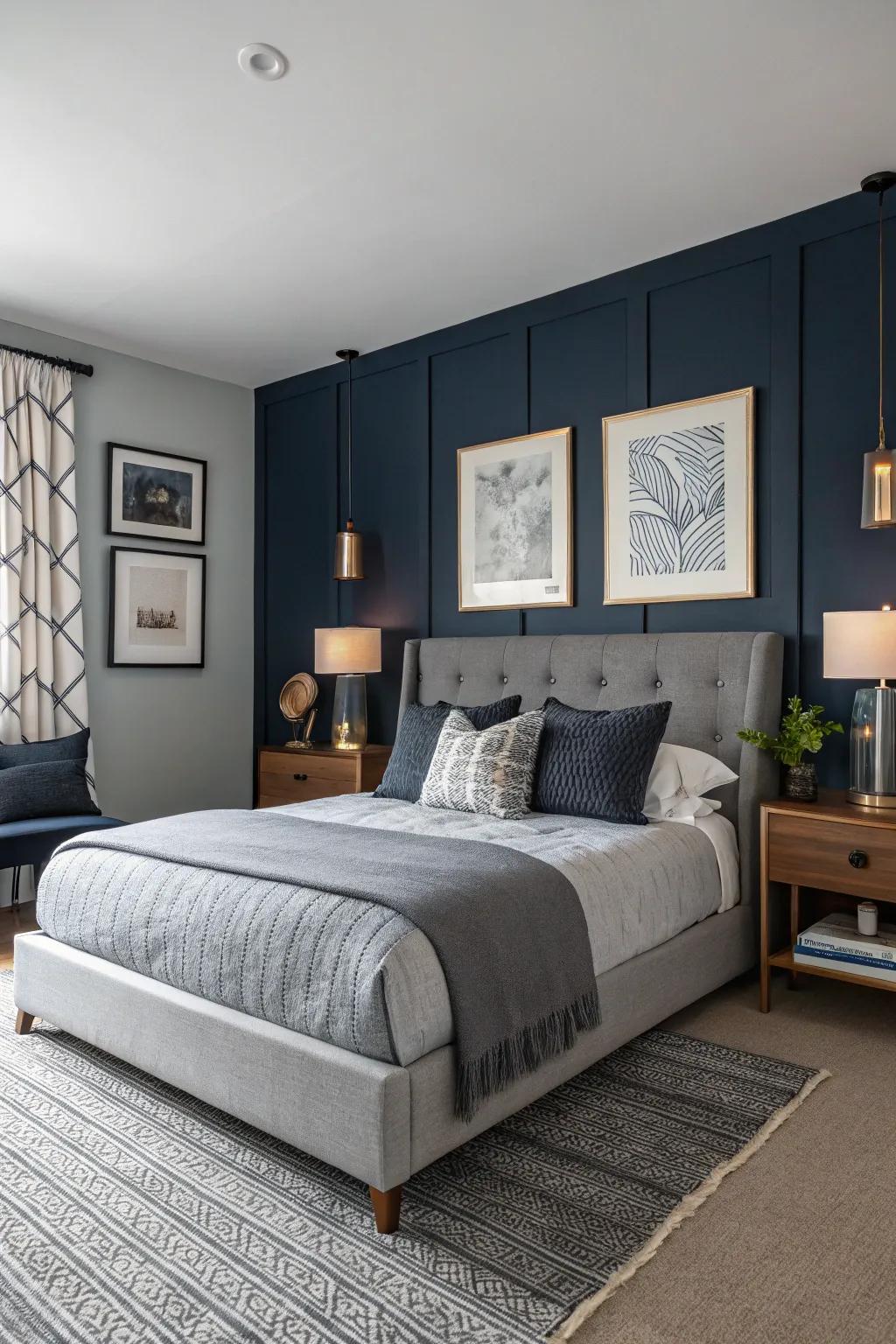 A navy accent wall enhances elegance with an eye-catching focal point.