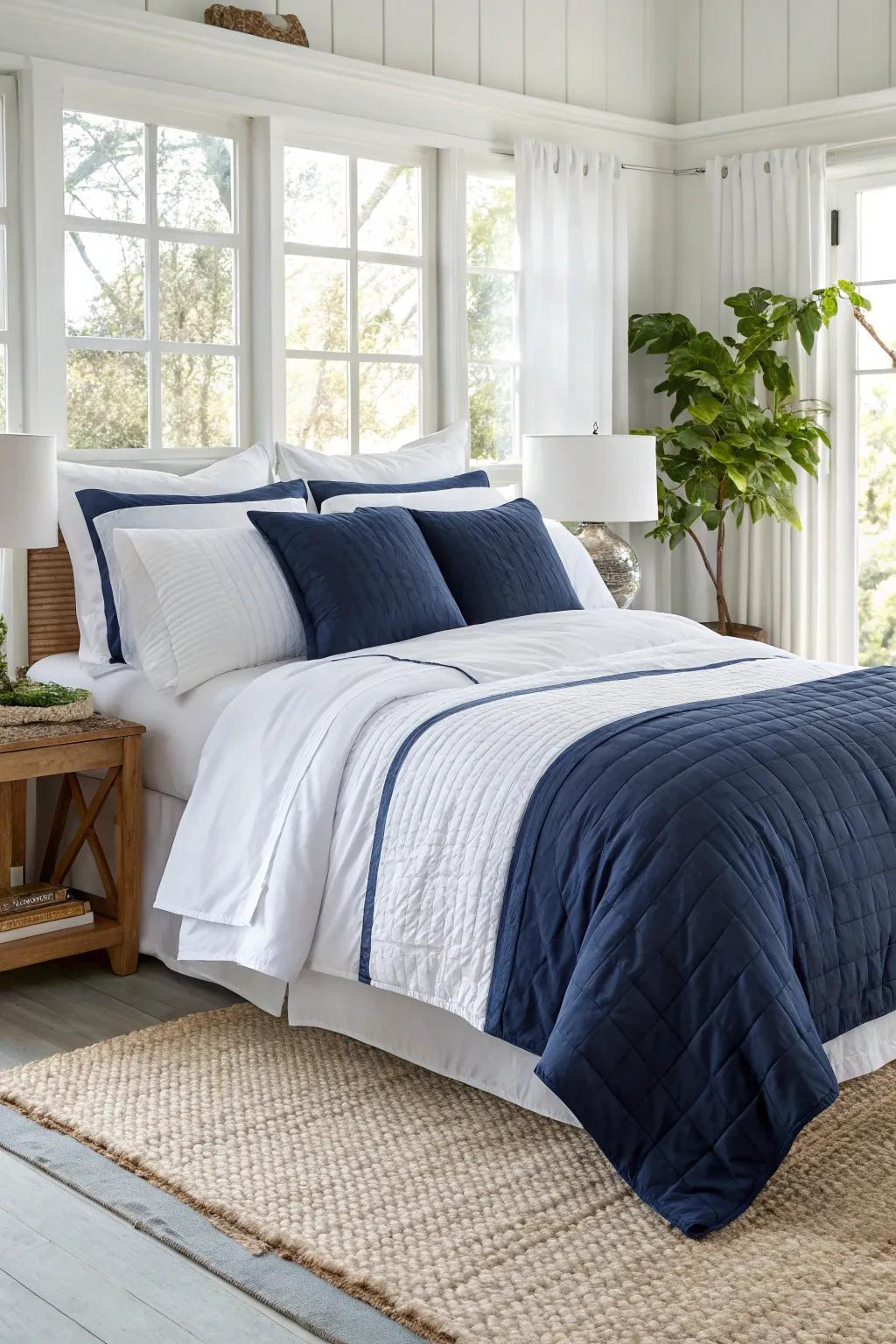 Achieve a classic look with layered navy and white bedding.