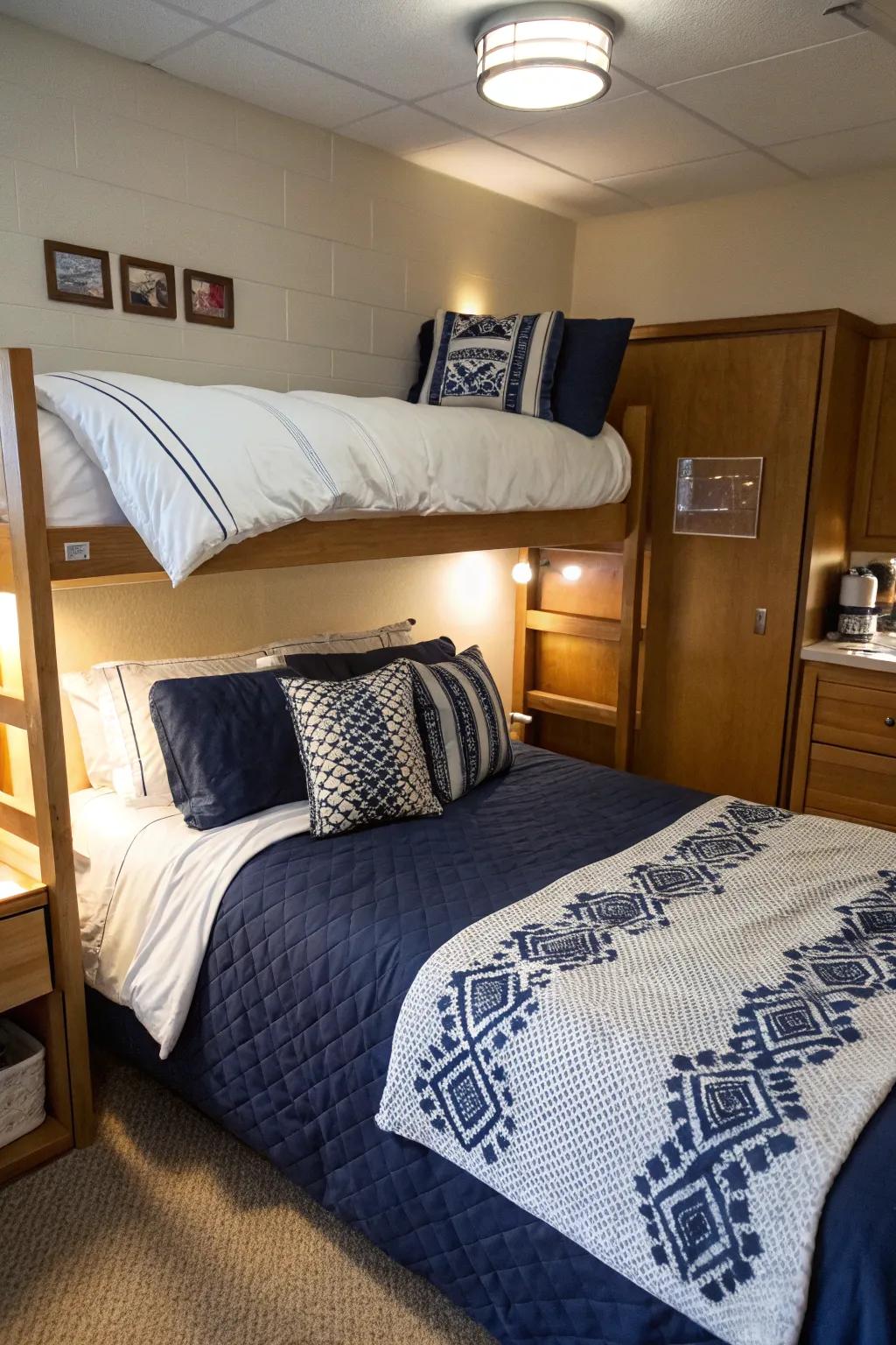 Design a snug haven with navy bedding as the central attraction of your dorm.